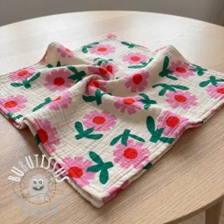 Tissu double gaze/mousseline Flowers natural/pink by JENNIFER BOURON ORGANIC