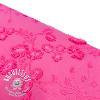 Tissu coton EMBROIDERY Catchy leaves pink