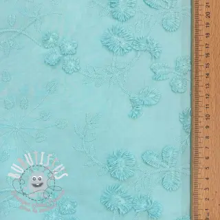 Tissu coton EMBROIDERY Catchy leaves aqua