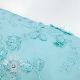 Tissu coton EMBROIDERY Catchy leaves aqua