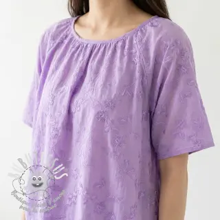 Tissu coton EMBROIDERY Catchy leaves purple