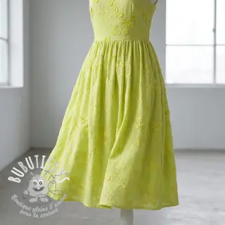 Tissu coton EMBROIDERY Catchy leaves lime