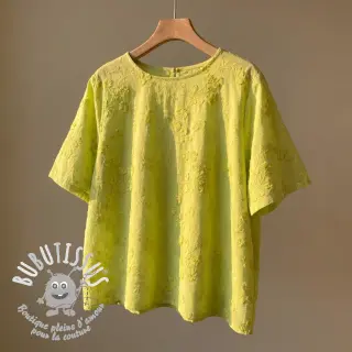 Tissu coton EMBROIDERY Catchy leaves lime