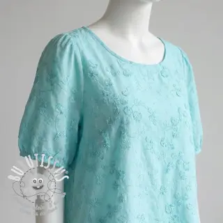 Tissu coton EMBROIDERY Catchy leaves aqua