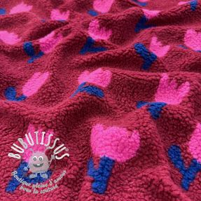 Tissu de manteau TEDDY JACQUARD Tulips dark red