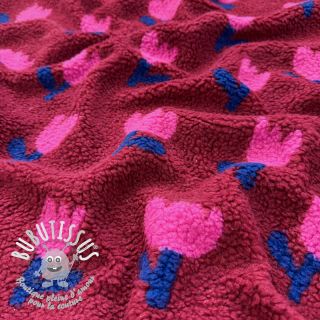 Tissu de manteau TEDDY JACQUARD Tulips dark red