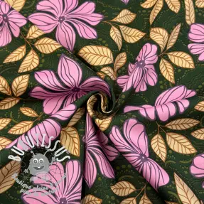 Tissu coton SATIN Autumn flowers dark green
