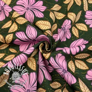 Tissu coton SATIN Autumn flowers dark green