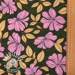 Tissu coton SATIN Autumn flowers dark green