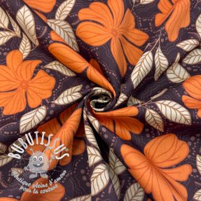 Tissu coton SATIN Autumn flowers dark brown