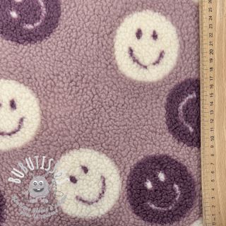 Tissu de manteau TEDDY JACQUARD Happy faces mauve