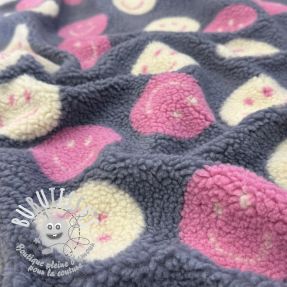 Tissu de manteau TEDDY JACQUARD Happy faces jeans