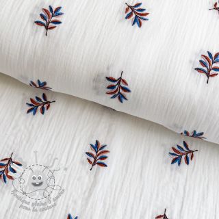 Tissu double gaze/mousseline EMBROIDERY Leaves white