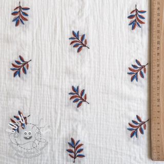 Tissu double gaze/mousseline EMBROIDERY Leaves white