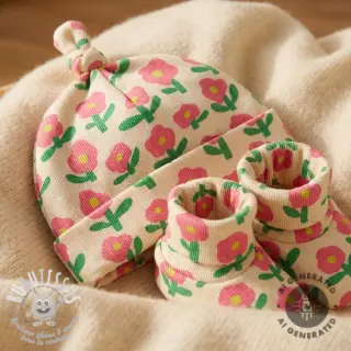 Jersey RIB JENNIFER BOURON Flowers natural pink ORGANIC