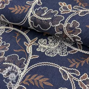 Tissu coton JEANS Embroidery leaves dark blue