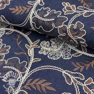 Tissu coton JEANS Embroidery leaves dark blue