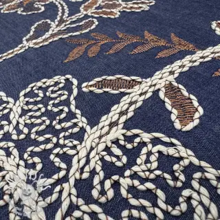 Tissu coton JEANS Embroidery leaves dark blue