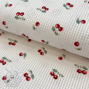Tissu nid d’abeille Cherries white digital print
