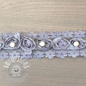 Ruban dentelle roses et perles grey