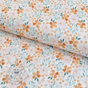 Tissu double gaze/mousseline Orange flowers white digital print