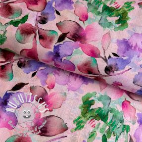 Tissu mélange lin et cotton Aquarel leaves RAMIE pink digital print