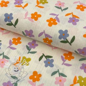 Tissu double gaze/mousseline Retro flowie ecru
