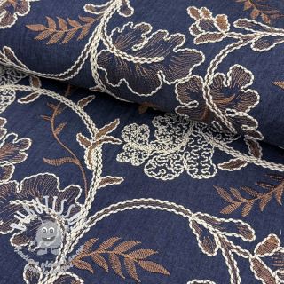 Tissu coton JEANS Embroidery leaves dark blue