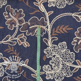 Tissu coton JEANS Embroidery leaves dark blue