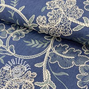 Tissu coton JEANS Embroidery leaves light blue