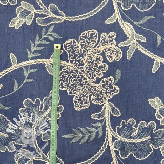Tissu coton JEANS Embroidery leaves light blue