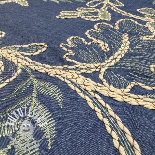 Tissu coton JEANS Embroidery leaves light blue