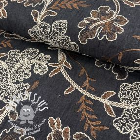 Tissu coton JEANS Embroidery leaves black