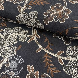Tissu coton JEANS Embroidery leaves black
