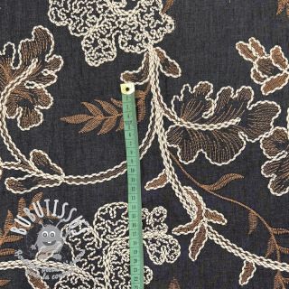 Tissu coton JEANS Embroidery leaves black