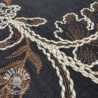 Tissu coton JEANS Embroidery leaves black