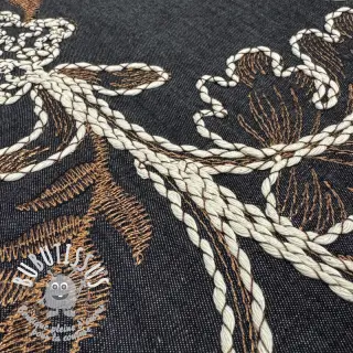 Tissu coton JEANS Embroidery leaves black