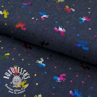 Tissu coton JEANS FOIL Unicorn dark blue