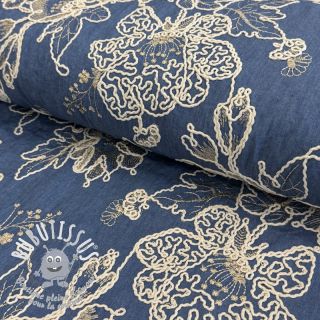 Tissu coton JEANS EMBROIDERY Bouquet blue