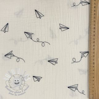 Tissu double gaze/mousseline EMBROIDERY Paper plane natural