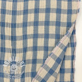 Tissu double gaze/mousseline LINEN YARN DYED Checks light blue natural