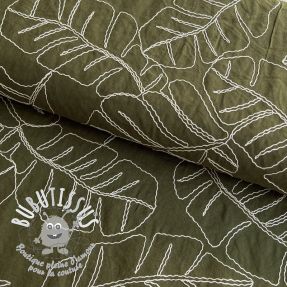 Viscose lin EMBROIDERY Leaves forest green