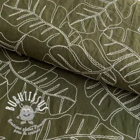 Viscose lin EMBROIDERY Leaves forest green