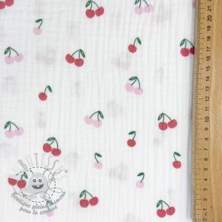Tissu double gaze/mousseline Fruits cherry white
