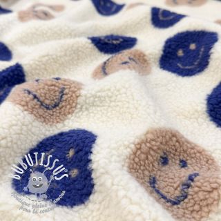 Tissu de manteau TEDDY JACQUARD Happy faces ecru