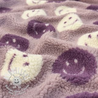 Tissu de manteau TEDDY JACQUARD Happy faces mauve