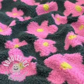 Tissu de manteau TEDDY JACQUARD Flowers army green/pink