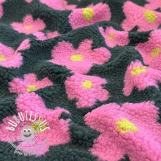 Tissu de manteau TEDDY JACQUARD Flowers army green/pink